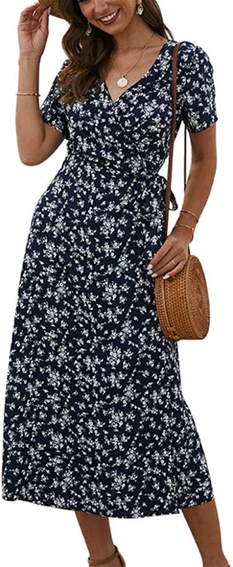 Qpxz Wrap Midi Dress Summer Dress Floral Chiffon Midi Dress Plus Size