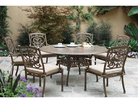 This 7 piece teak wood castle patio dining set includes round to oval extension table, 2 arm chairs and 4 side chairs with cushions. Darlee Outdoor Living Series 60 Cast Aluminum 59 Round ...
