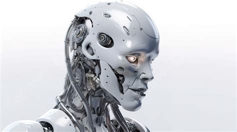 صورة خلفية بيضاء معزولة عن سايبورغ أو إنسان آلي مع ذكاء اصطناعي ثلاثي الأبعاد بشري سايبورغ