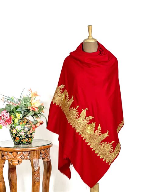 Red Pure Pashmina Shawl With Tilla Hand Embroidery Angad Creations
