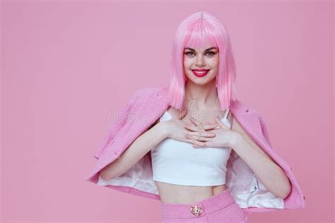 Beauty Fashion Woman Bright Makeup Pink Hair Glamor Studio Model