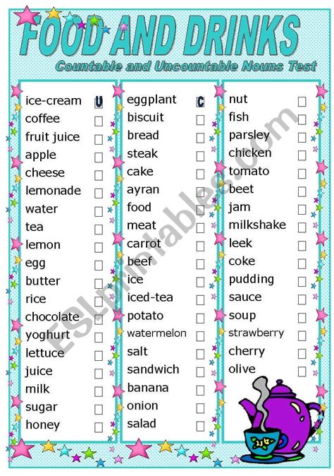 Food And Drinks Countable And Uncountable Test Editable Esl