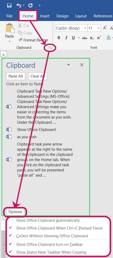 Clipboard Task Pane With Advanced Options In Ms Word