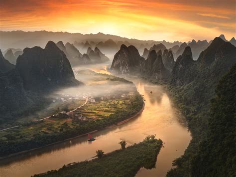 Li River In China Near Xingping Village In The Field Yangshuo Sunset