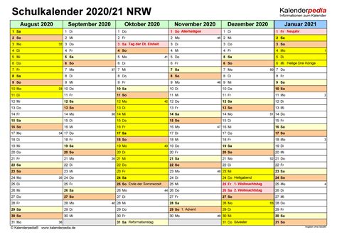 Hier können sie unsere kostenlosen kalender 2021 mit gesetzlichen feiertagen und. Schulkalender 2020/2021 NRW für PDF