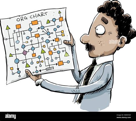 A Cartoon Office Worker Man Holds A Confusing Tangled Org Chart Stock