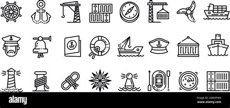 Marine Port Icons Set Outline Set Of Marine Port Vector Icons For Web