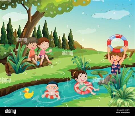 Los Niños Nadando En El Río De La Ilustración Imagen Vector De Stock