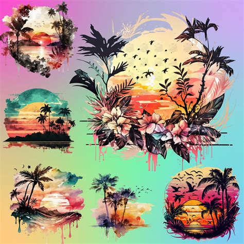 29 Watercolor Tropical Sunset Clipart Beach Floral Galaxy Etsy