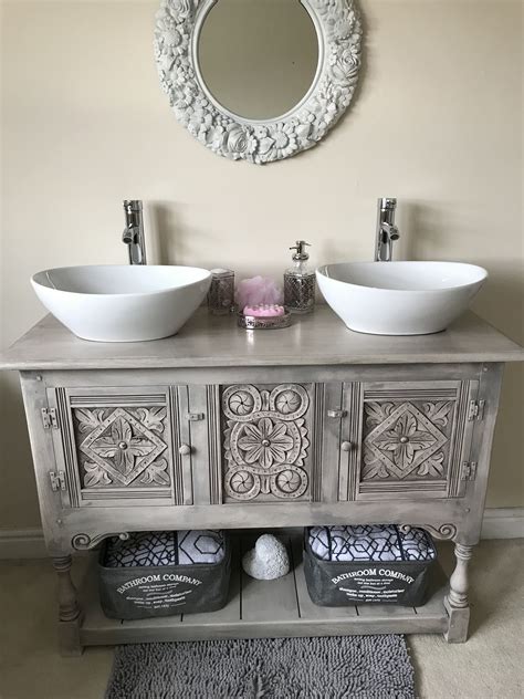 Perfect for a powder room or small bathroom. Stunning recycled vintage twin basin bathroom vanity unit ...