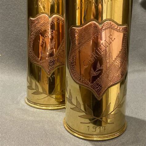 Pair Of Decorative Named Brass Trench Art Shell Cases Militaria