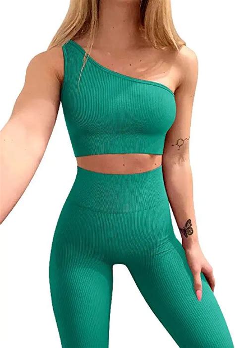 oqq workout outfits for women 2 piece ribbed yoga high waist leggings with one shoulder sports