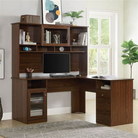 L Shaped Desk With Drawers And Storage Shelves Brown Wood Writing