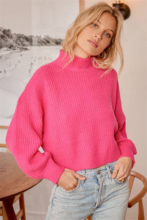 Hot Pink Sweater Bright Pullover Sweater Mock Neck Sweater Lulus