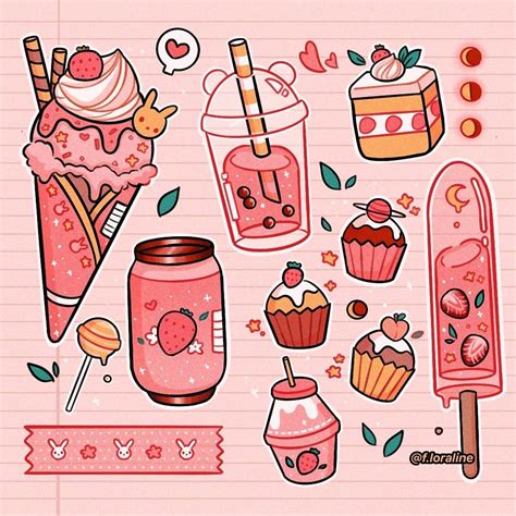 An Image Of Some Food And Drinks On A Sheet Of Lined Paper With Pink