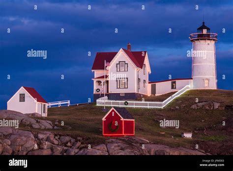 Usa Maine York Beach Nubble Light Lighthouse With Christmas