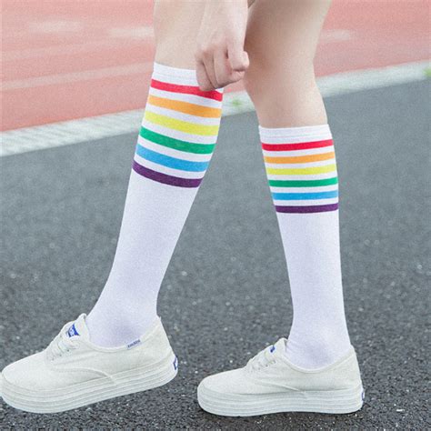 1pair Thigh High Socks Over Knee Rainbow Stripe Girls Football Sport Socks Black White Feature