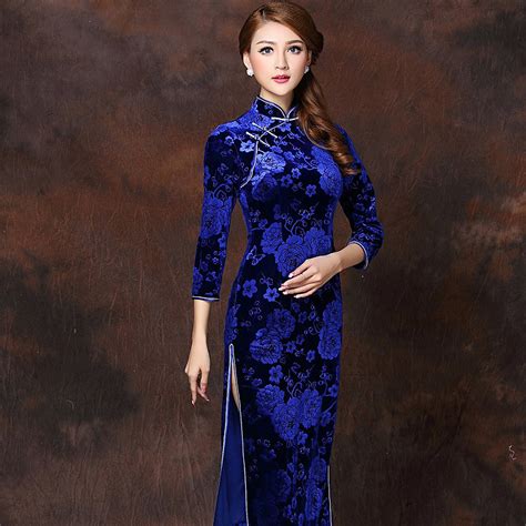 marvelous flowers velvet qipao cheongsam dress blue qipao cheongsam and dresses women