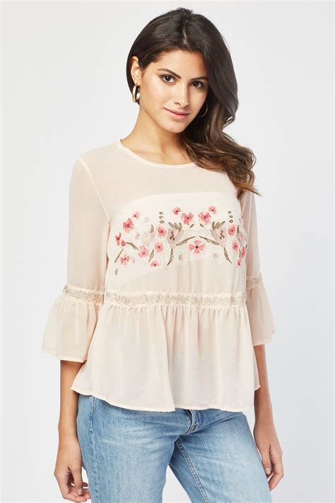 Embroidered Flower Front Chiffon Blouse - Just $3