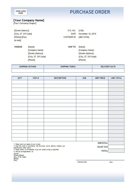 Free Printable Purchase Order Template Business Psd Excel Word Pdf