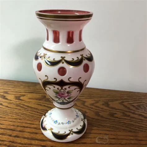Vintage Bohemian Glass Vase Moser Czech Enamel Flower Overlay Cranberry 115 00 Picclick