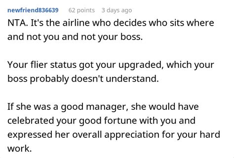 boss accuses her employee of lack of respect because she didn t give up her first class seat