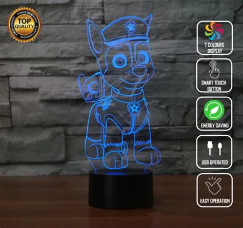 Paw Patrol Chase Ryder 3d Acrylic Led 7 Colour Night Light Touch Table