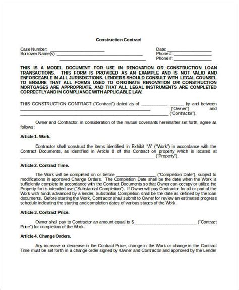 Simple Construction Contract Template Word