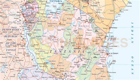 Tanzania Digital Vector Political Map With Internal Divisions Road