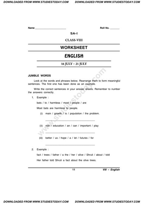 Cbse Class 8 English Worksheet 9