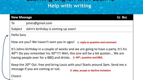 Write Informal Emails in English- Invitation & reply 1.1- A Birthday