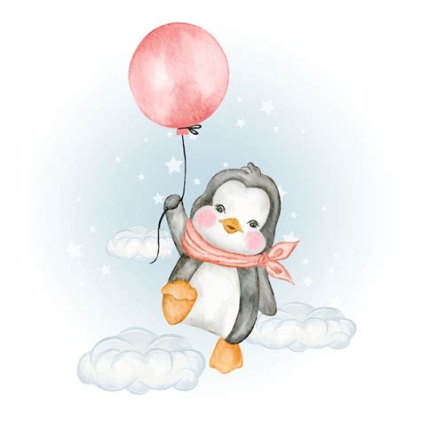 Premium Vector Cute Penguin Flying With Air Balloons