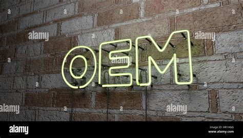 Oem Glowing Neon Sign On Stonework Wall 3d Rendered Royalty Free