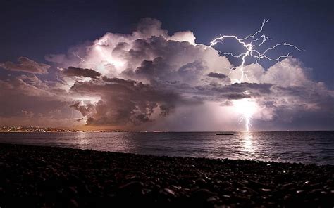 Hd Wallpaper Lightning Bolt Beach Storm Sea Coast Nature Clouds