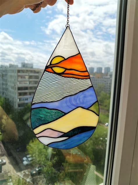 Blue Mountain Stained Glass Suncatcher Abstract And Modern Etsy