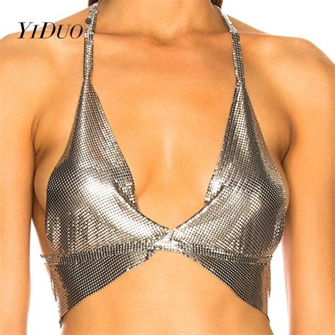 Yiduo Women Silver Sexy Night Club Party Halter Crop Top Bling Luxury Metal Sequin Tank Top