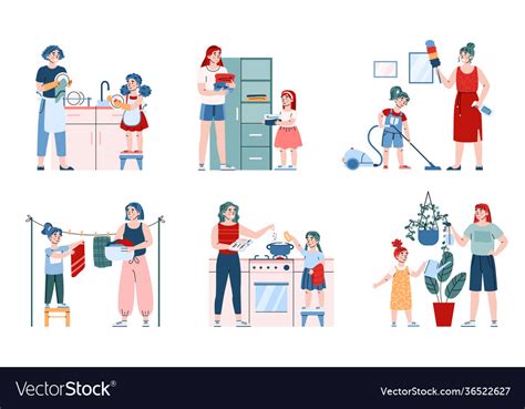 Girl Helping Her Mother With House Chores Cartoon Vector Image