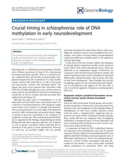 pdf crucial timing in schizophrenia role of dna methylation in early neurodevelopment