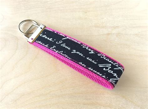 Fabric Wristlet Keychain Key Fob French Script Handmade