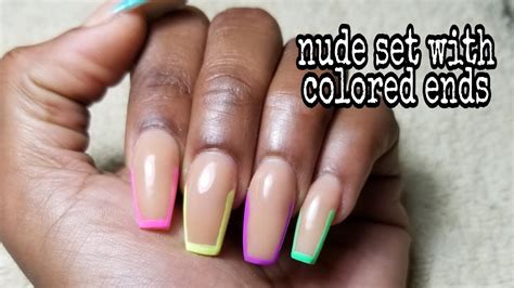 Nude Acrylic Set With Colored Tips Acrylic Nail Tutorial Nail Polish