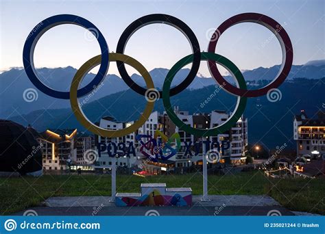 Russia Sochi July 4 2019 Olympic Rings In Olympic Village In Rosa