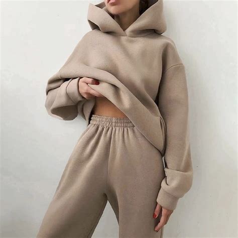 women fleece two piece sets elegant solid color oversized warm hoodies and long pant sports suit