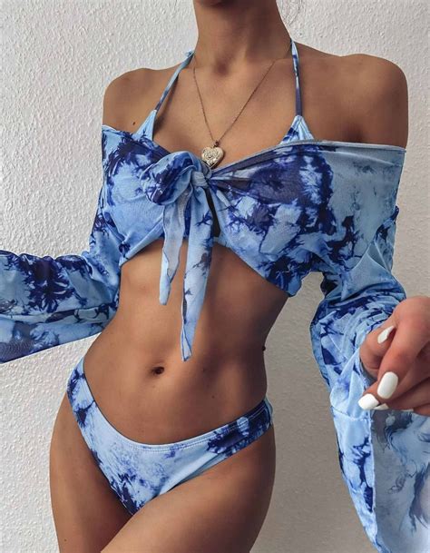 Tie Dye Leopard Print Long Sleeve Three Piece Bikinis Swimsuit In 2021