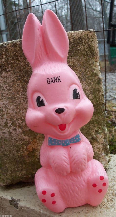 Vtg Pink Blow Mold Plastic Easter Bunny Rabbit Coin Bank