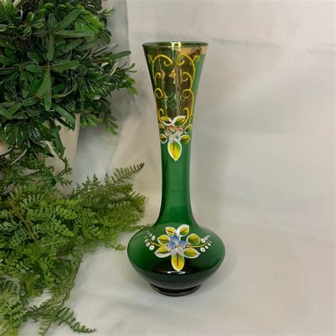 accents vintage emerald green glass gilded gold enamel flowers bohemianczech bud vase poshmark
