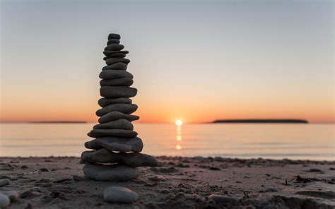 Rocks Stones Stacked Sunset Beach Hd Wallpaper Nature And Landscape