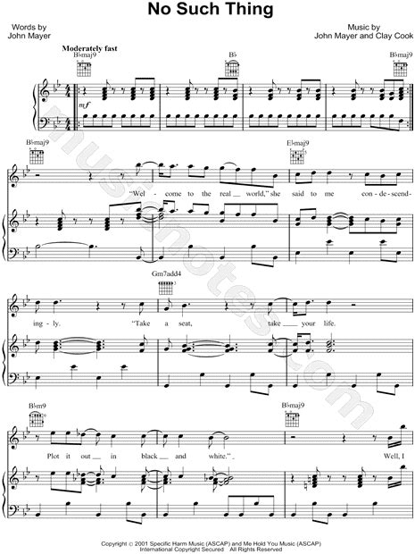 John Mayer No Such Thing Sheet Music In Bb Major Transposable