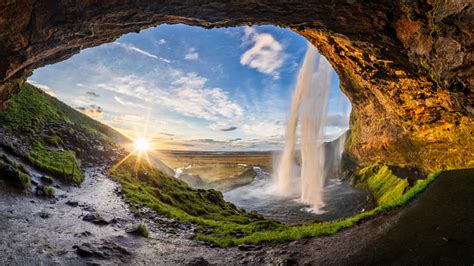 Seljalandfoss Waterfall In Summer Time At Sunset Iceland
