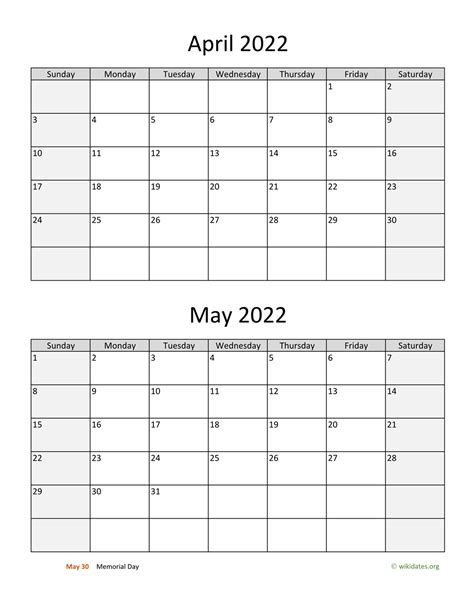 April And May 2022 Calendar
