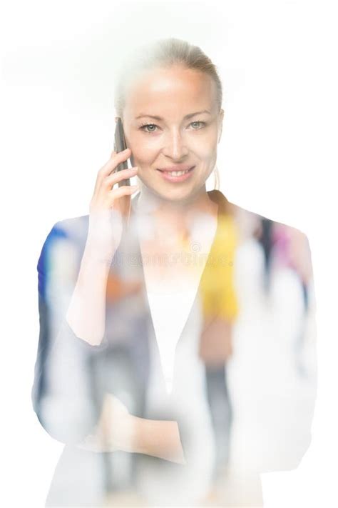 Portrait Of Beautiful Young Caucasian Woman Using Mobile Phone Stock